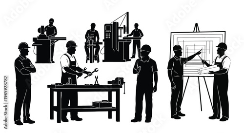 Set of industrial workers and engineers in silhouette, working with machinery, tools, and blueprints
