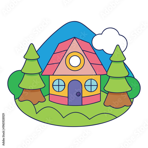 A cute cartoon house sits in a bright landscape, surrounded by rolling green hills, colorful flowers, and a sunny sky. A winding path leads to its cheerful little door.