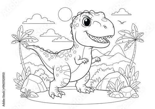 Cute cartoon trex dinosaur in prehistoric landscape with palm trees, mountains, and clouds, coloring page for kids
