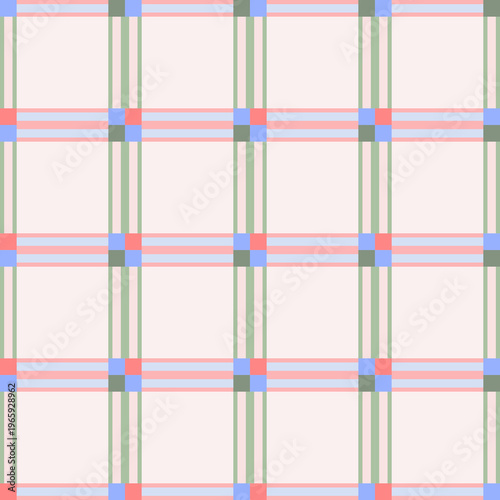 Plaid pattern seamless of soft pastel stripes and square in pink, blue, green and beige tones. Geometric pattern background. Vector art, modern, tartan-inspired design, bold lines, aesthetic, minimal,