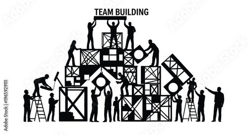 Team building concept illustration with silhouettes of people working together to build a structure of crates