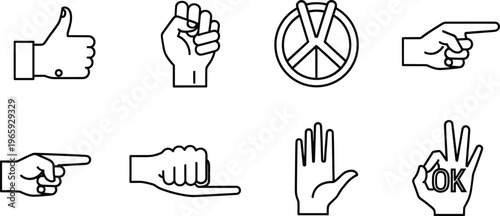 Minimal line art hand gestures icon set featuring thumbs up, fist, peace sign, pointing fingers, stop hand and OK symbol isolated on white background