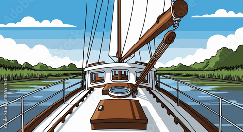 Sailing on a tranquil waterway with lush green banks under a bright blue sky
