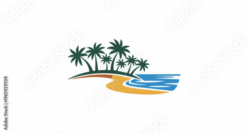 Stylized tropical island scene with palm trees, sandy beach, and ocean waves
