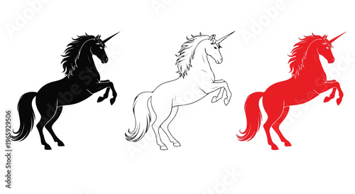 Three stylized unicorns in black, white outline, and red silhouettes rearing on hind legs against a white background