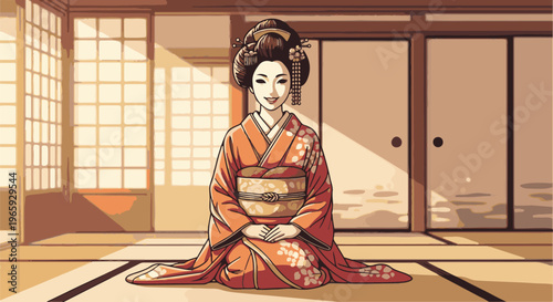 A smiling person in a vibrant orange kimono with floral patterns sits gracefully on a tatami mat