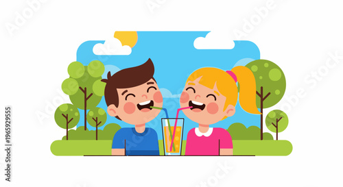 Two smiling children enjoy a refreshing drink together on a sunny day outdoors