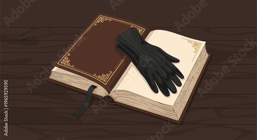 An antique book with a black glove resting open on its pages