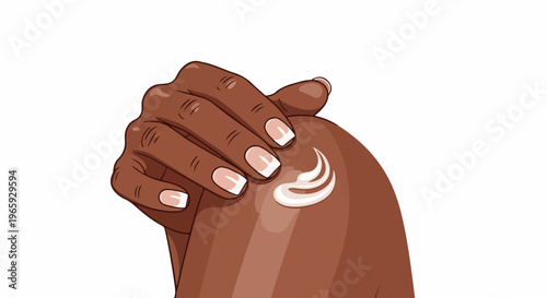 A hand with manicured nails applies creamy lotion to skin, promoting skincare