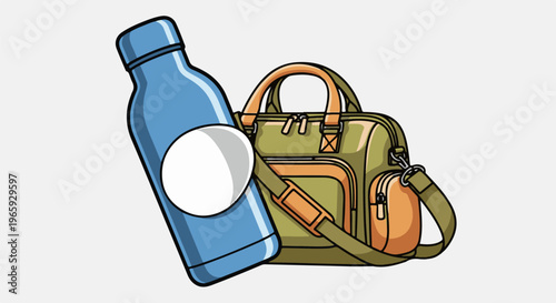 A blue bottle and a green duffel bag are displayed against a light gray background