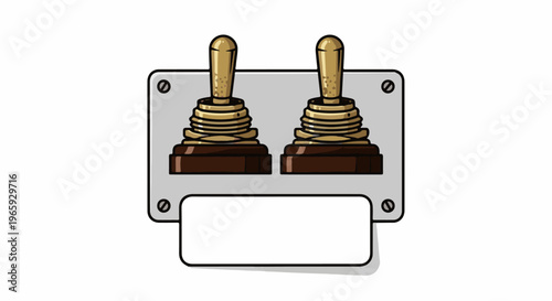 Two vintage toggle switches mounted on a panel with a blank space below for text
