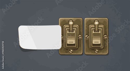 Two vintage toggle light switches on a textured dark wall, with a blank white speech bubble