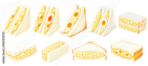 たまごサンドの水彩風イラストセット｜サンドイッチ・卵サンド・カフェ・軽食素材
