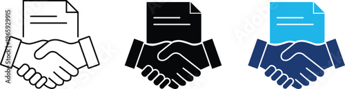 Handshake icon showing professional business agreement and contract document. Professional illustration for corporate partnerships, successful deal closing, legal recruitment, and employment hiring.