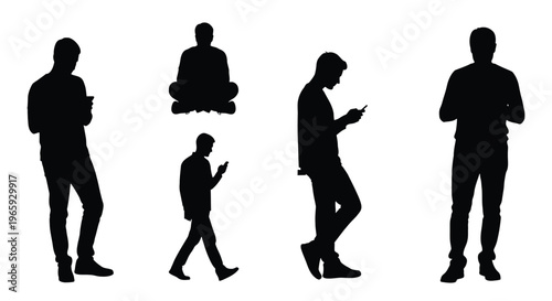 Set of silhouettes of men using smartphones in various poses