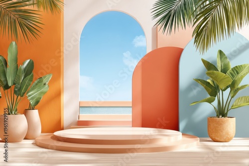 Pastel podium stage with arch, tropical plants and sea view in bright modern interior