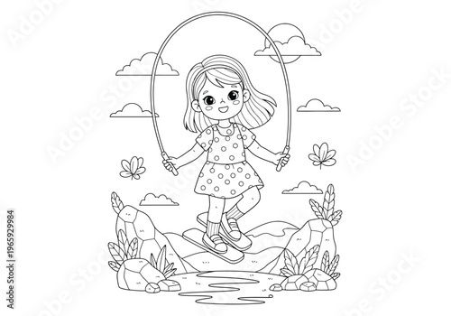 Cute little girl jumping rope outdoors, coloring page for kids, line art illustration of a happy child playing with a jump rope in a landscape with rocks, plants, and clouds