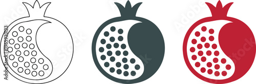 Minimalist pomegranate fruit vector icons set featuring outline silhouette and red color flat designs with seeds isolated on white background 