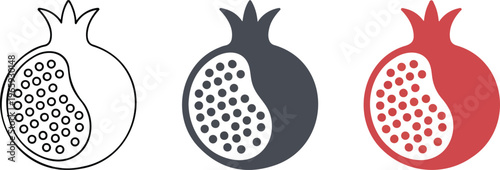 Minimalist pomegranate fruit vector icons set featuring outline silhouette and red color flat designs with seeds isolated on white background 