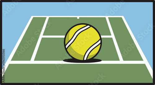 Yellow tennis ball on green court with white lines under a blue sky