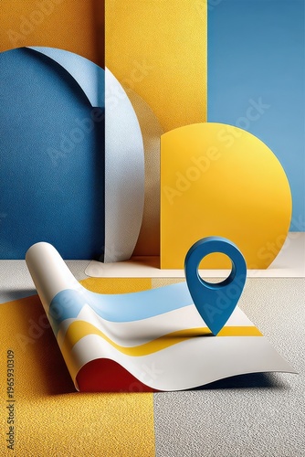 Abstract 3D paper map with blue location pin and colorful geometric navigation concept