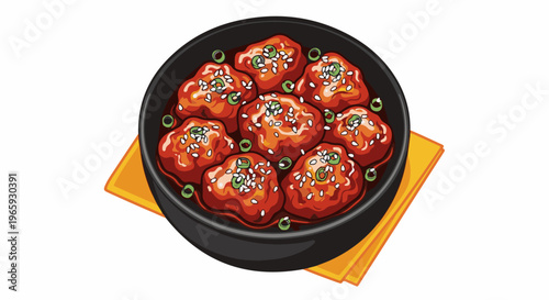 A stylized, top-down view of a black bowl filled with several glazed, round food items topped with sesame seeds and green onions