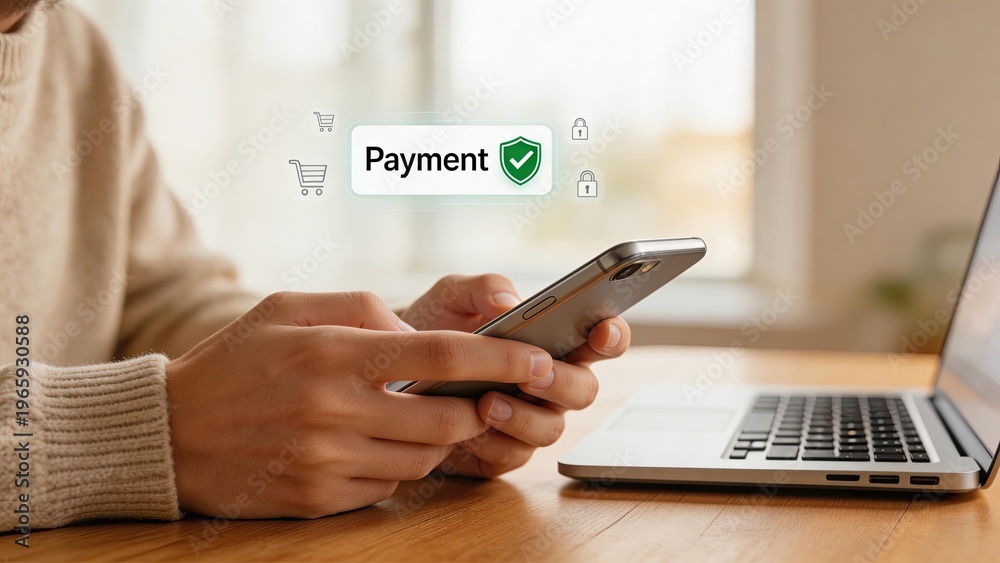 Fototapeta premium Secure online payment concept with smartphone and laptop digital transaction ecommerce shopping fintech security mobile banking wireless transfer modern finance technology