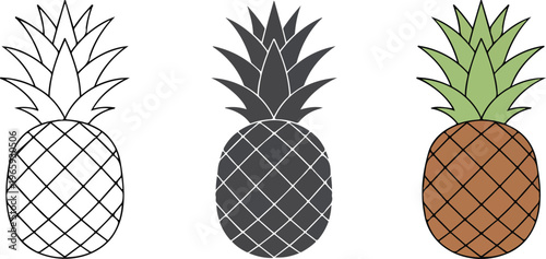 Minimalist pineapple fruit vector icons set featuring outline silhouette and color flat designs with green leaves isolated on white background 
