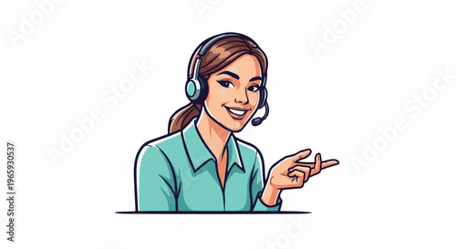 Friendly female customer service representative with headset, smiling, and gesturing with her hand