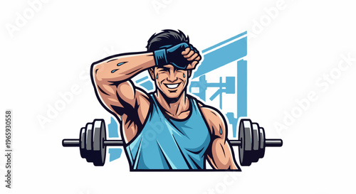 Fit man wipes sweat from brow, smiling with barbells and gym structure