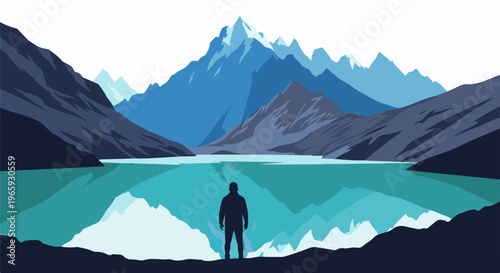 Lone figure observes a serene mountain lake with reflections