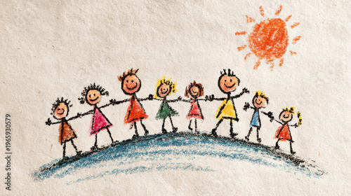 Child drawing childlike crayon drawing children learning together happy kids holding hands smiling sun art playful friendship fun