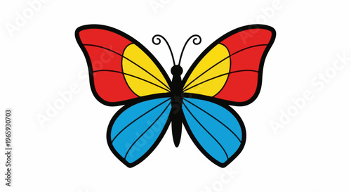 A cartoonish butterfly with red, yellow, and blue wings on a white background