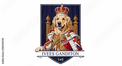 A golden retriever sits on a throne wearing a crown and regal robes