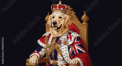 A golden retriever dog wears a crown and regal robes, sitting on a throne