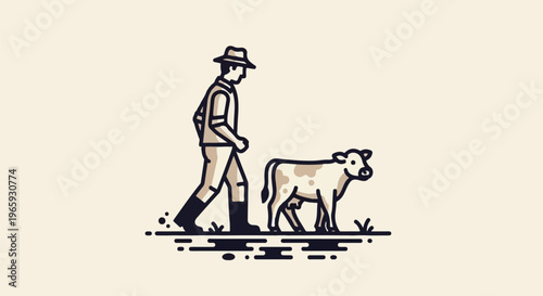 A farmer in a hat walks with a young spotted cow on a light beige background