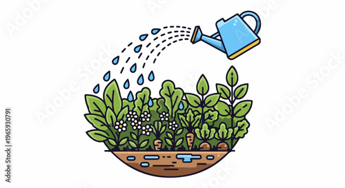 A blue watering can pours water onto a vibrant garden with plants, flowers, and vegetables