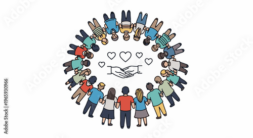 Diverse people in a circle, arms linked, surrounding hands and hearts