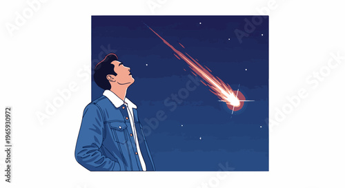 Young person in denim jacket looks up at bright shooting star in dark night sky