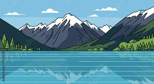 A serene mountain lake reflecting snow-capped peaks and lush green trees under a cloudy sky