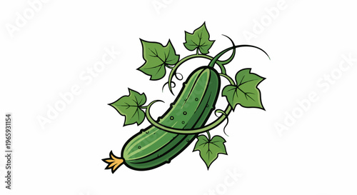 A stylized green cucumber entwined with vibrant green leaves and tendrils