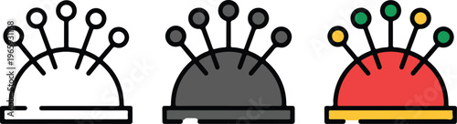 Minimalist pincushion vector icons set featuring needle pins in outline silhouette and colorful flat designs isolated on white background 