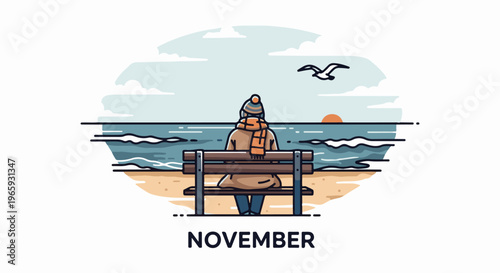 A person sits on a bench by the ocean, dressed warmly for autumn