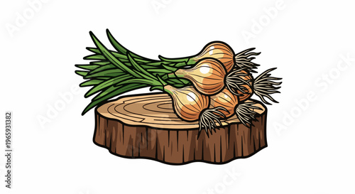 A bunch of yellow onions with green stems rests on a rustic wooden stump