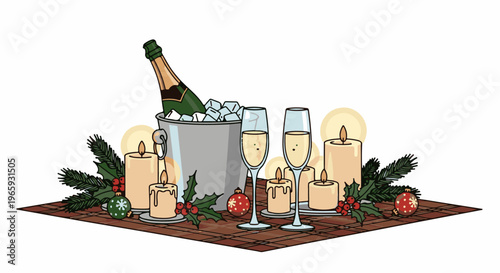 Festive celebration with bubbly, candles, and holiday decor