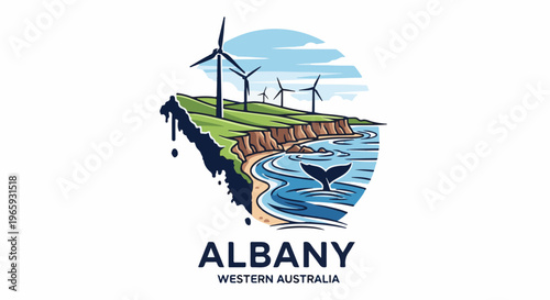 Coastal cliffs with wind turbines overlook a bay where a whale's tail surfaces