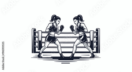 Two female boxers in ring stance, focused and ready
