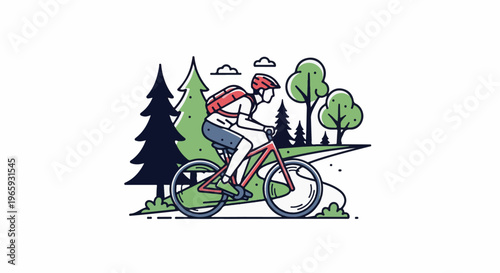 A stylized cyclist rides a bicycle through a green, forested landscape with scattered trees