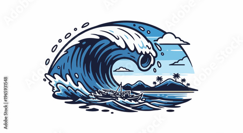 A massive ocean wave crashes over a small boat near a tropical island