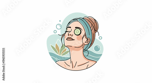 Woman relaxing with cucumber slices on eyes, gentle waves, and stylized plants